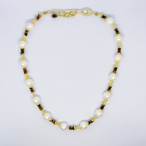 Brown Tiger Eye Gemstone Baroque Pearl Necklace